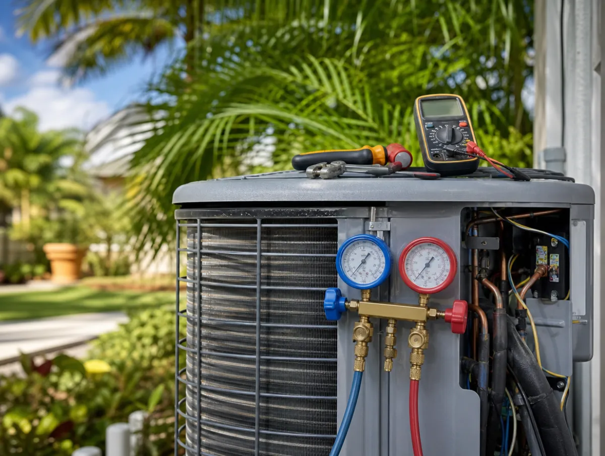 AC condenser unit with refrigerant gauges during a tune-up in South Florida