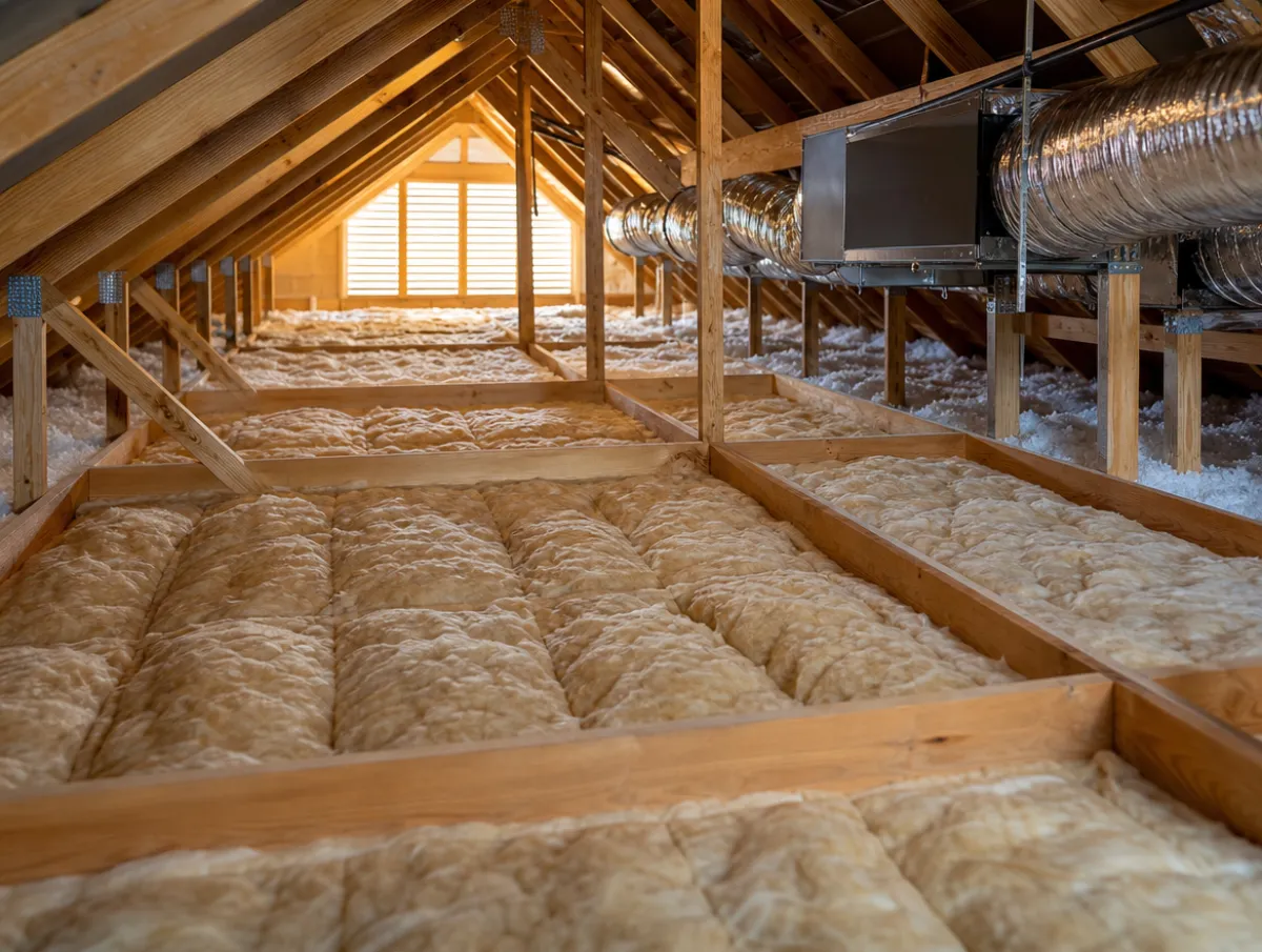 Fiberglass attic insulation installed between roof joists in a South Florida home