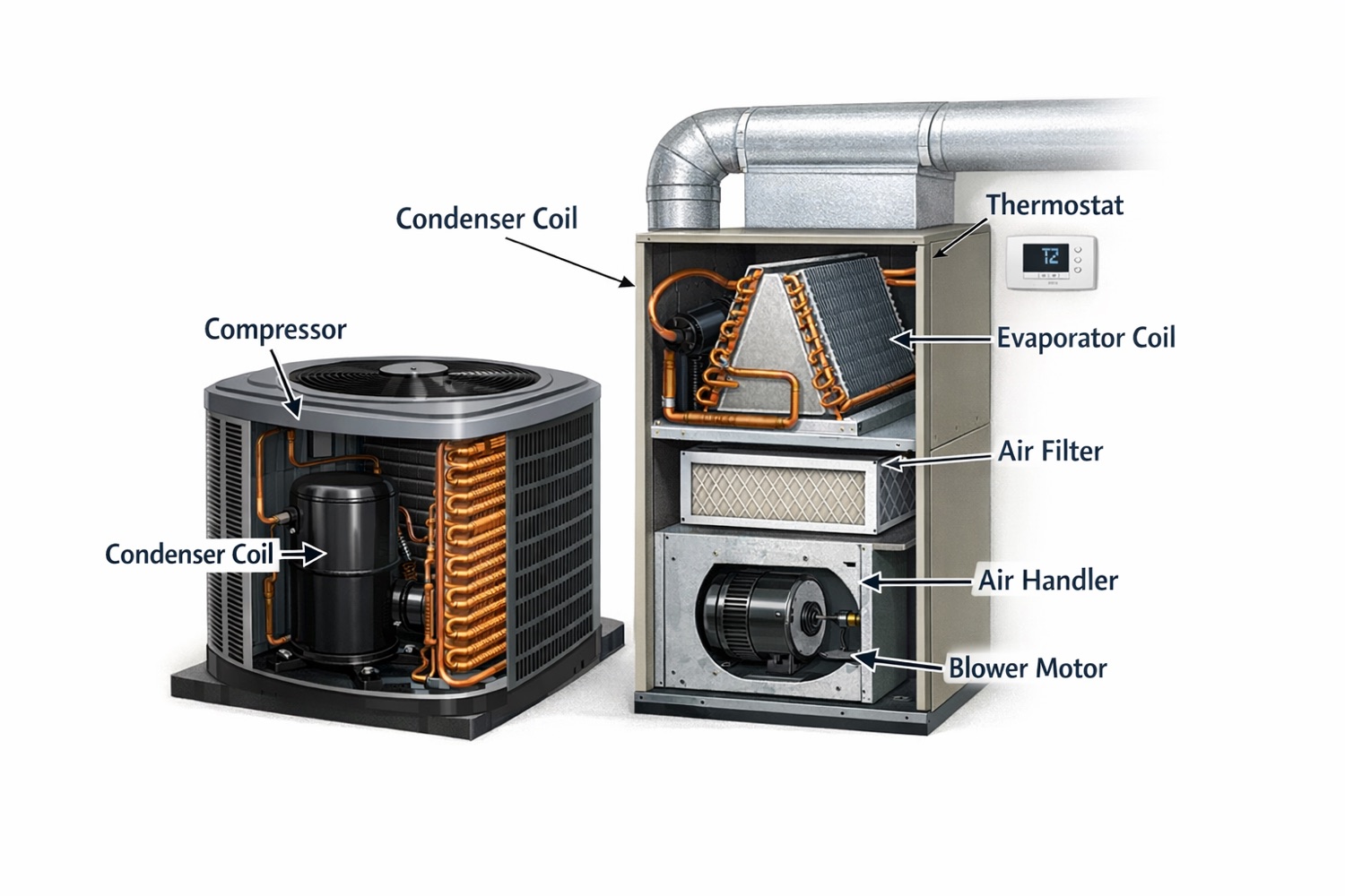 HVAC compressor and evaporator coil components in a cooling system