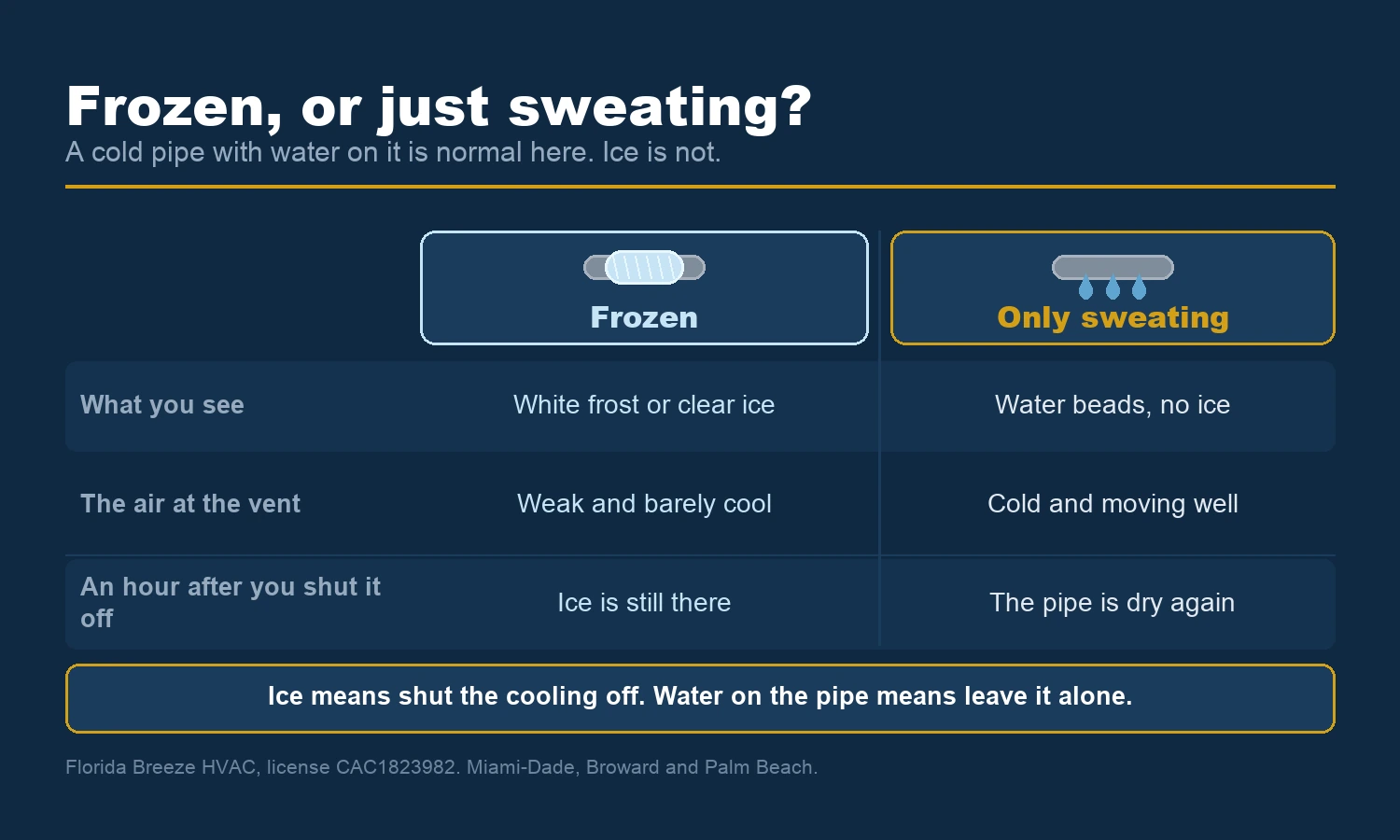 Side by side comparison of a frozen AC line and a normally sweating AC line with what each one means