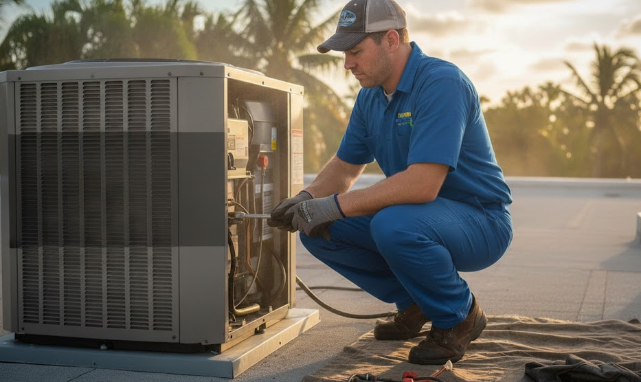 Homeowner reviewing AC maintenance plan benefits and savings