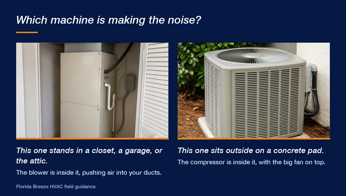Photos of an indoor air handler in a closet and an outdoor condenser unit on a pad, side by side