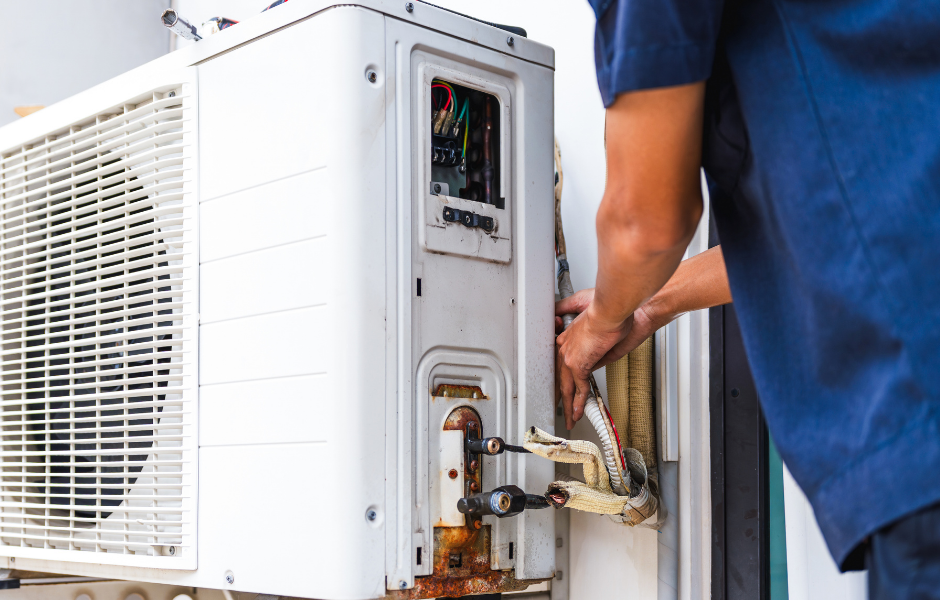Hand holding a remote control pointed at a wall-mounted AC unit