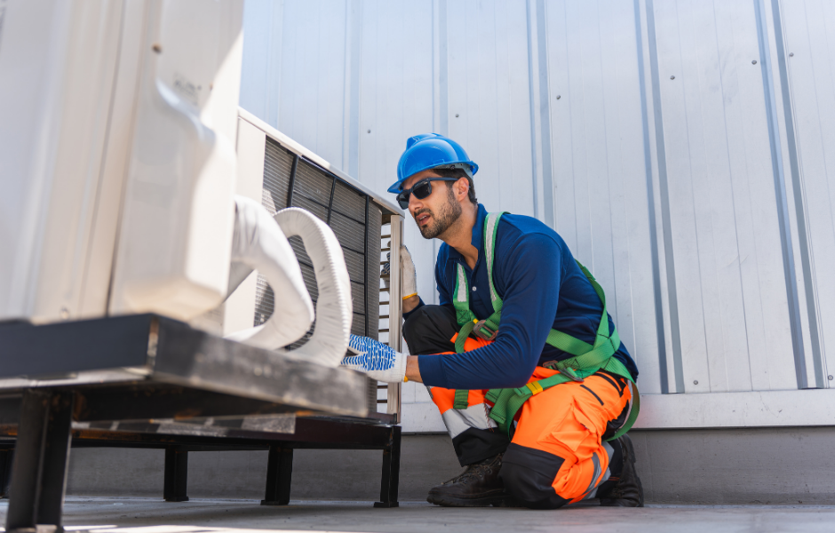 HVAC technician inspecting a commercial AC unit outdoors
