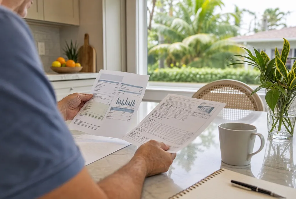 South Florida homeowner reviewing an electric bill and attic insulation paperwork at a kitchen table