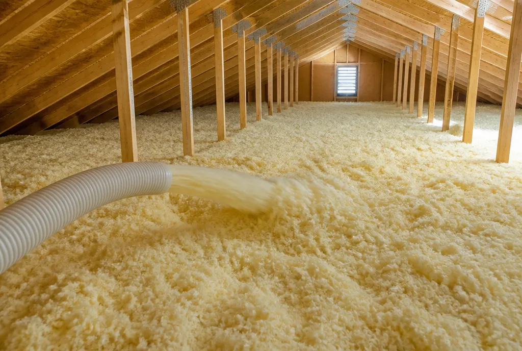 Blown-in fiberglass insulation being installed across a South Florida attic floor between the ceiling joists