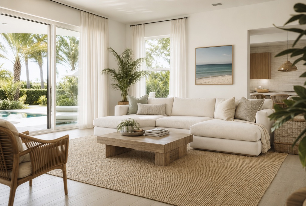 Bright, airy living room in a Southeast Florida home with natural light and comfortable, dry indoor air