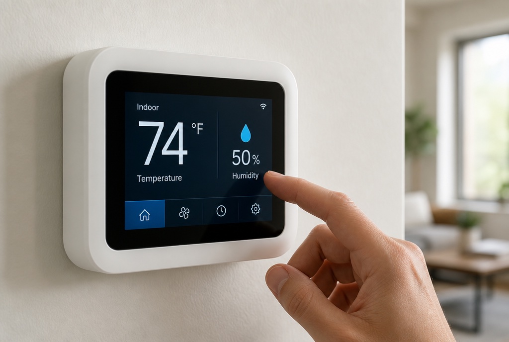 Close-up of a wall thermostat and humidistat showing indoor temperature and relative humidity in a Florida home