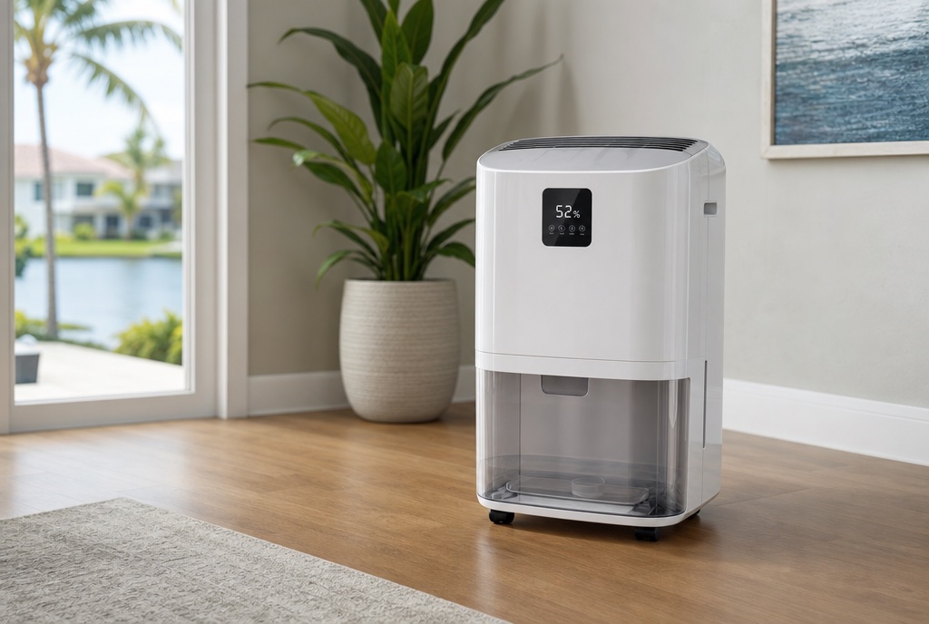 White portable home dehumidifier with a digital display reading 52 percent humidity in a bright Southeast Florida living room