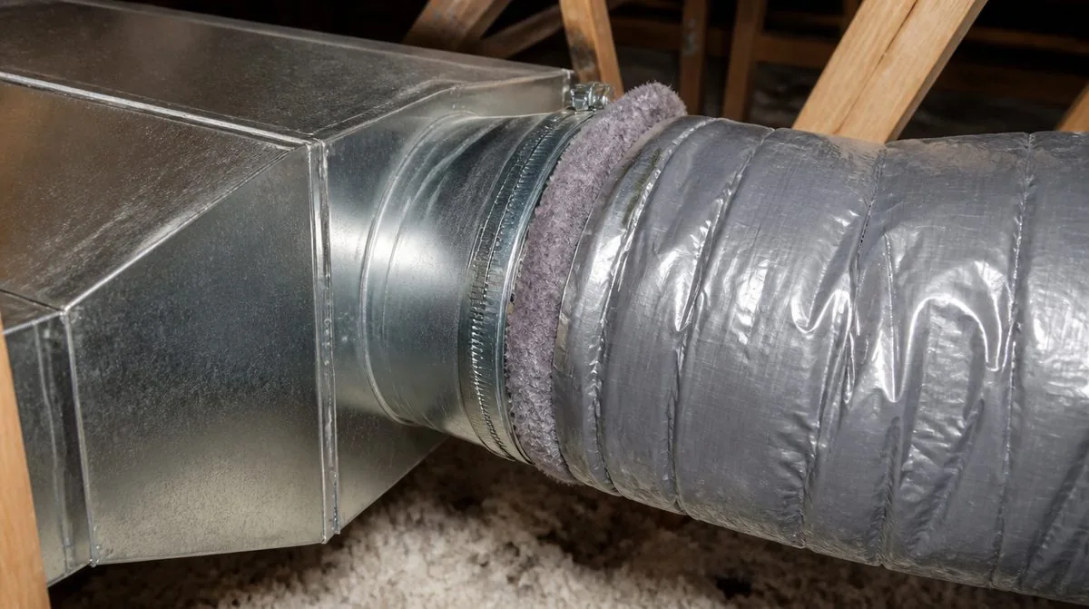 Code-compliant duct installation in a South Florida attic: R-8 insulated flexible duct strapped and joined to a sheet metal plenum with a sealed collar