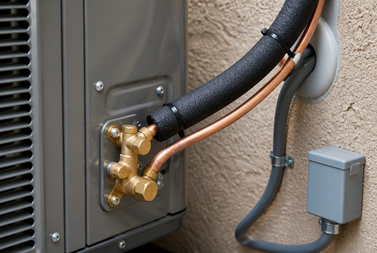 Close-up of a professionally installed insulated copper AC line set and service valves at an outdoor condenser on a South Florida home