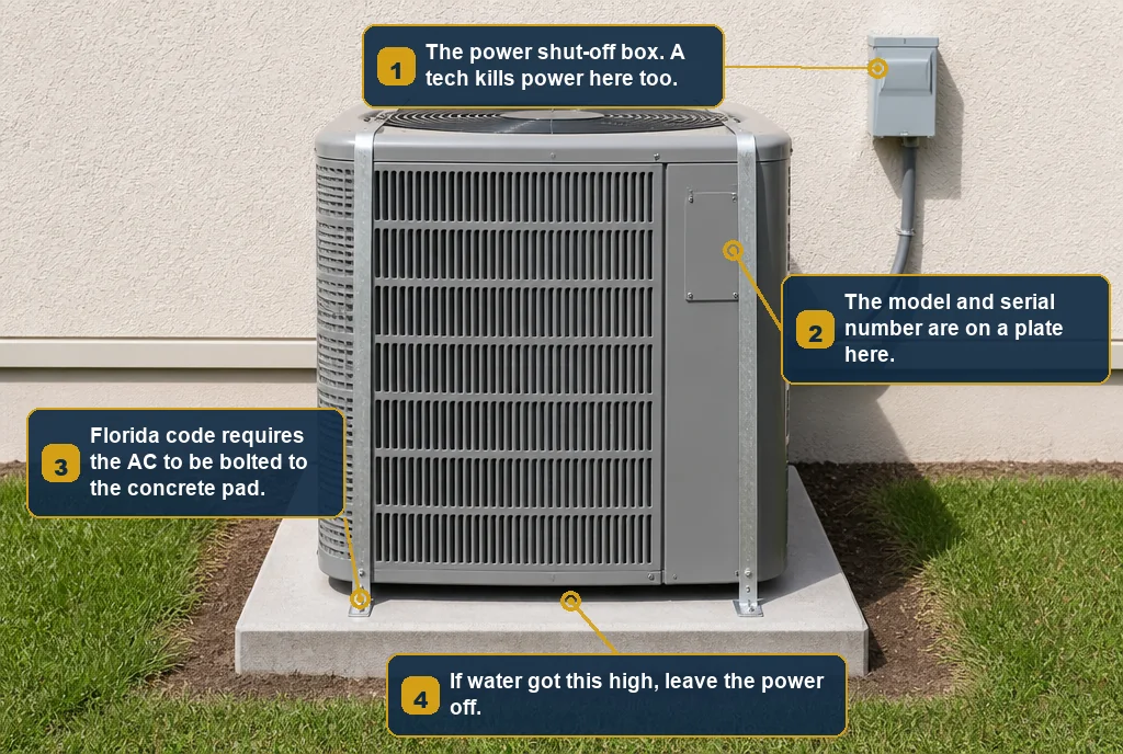 Annotated photo of a South Florida outdoor air conditioner unit showing where Florida code requires the AC to be bolted to the concrete pad, the electrical disconnect box on the wall, the model and serial plate, and the point where water is too high to switch it on