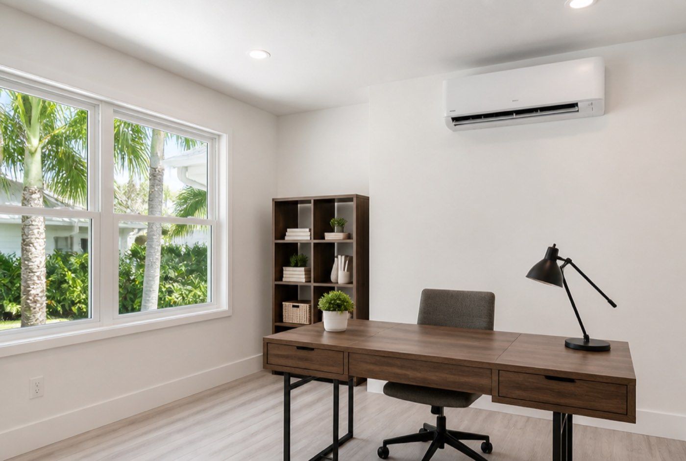Wall-mounted ductless mini-split indoor head cooling a bright converted garage room in a South Florida home