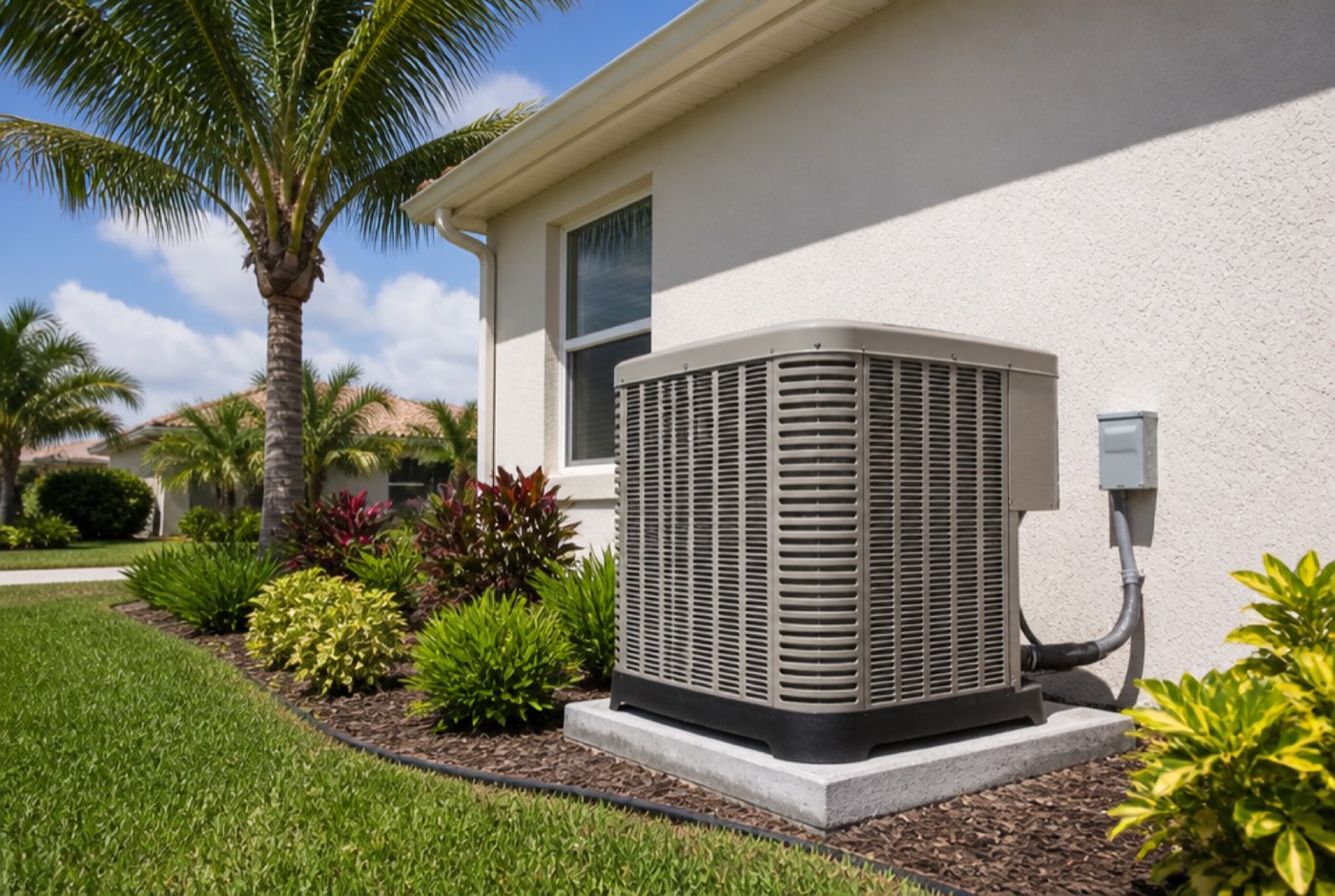 Outdoor central air conditioning condenser unit beside a single-story South Florida home on a sunny day
