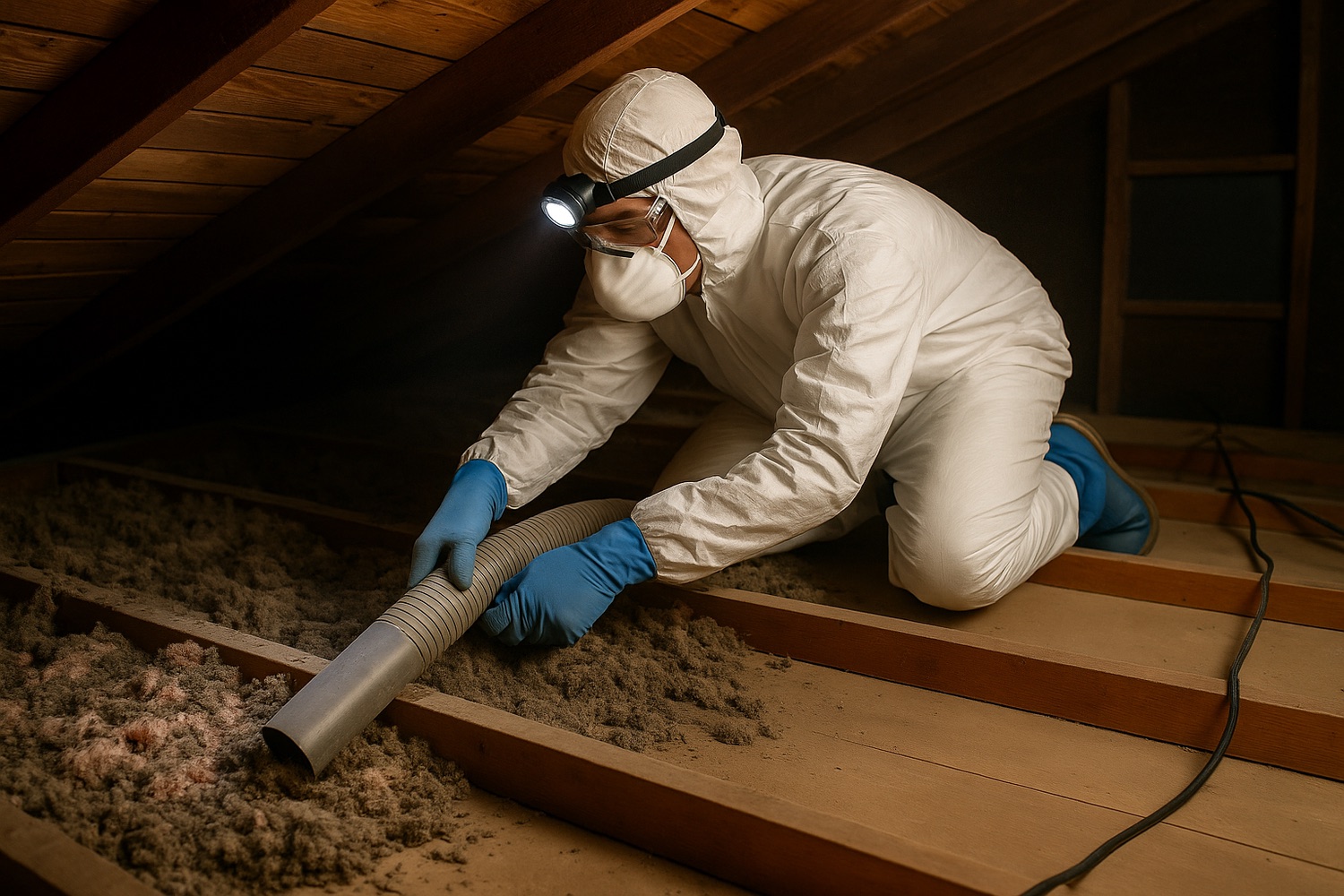 Industrial vacuum system extracting old attic insulation