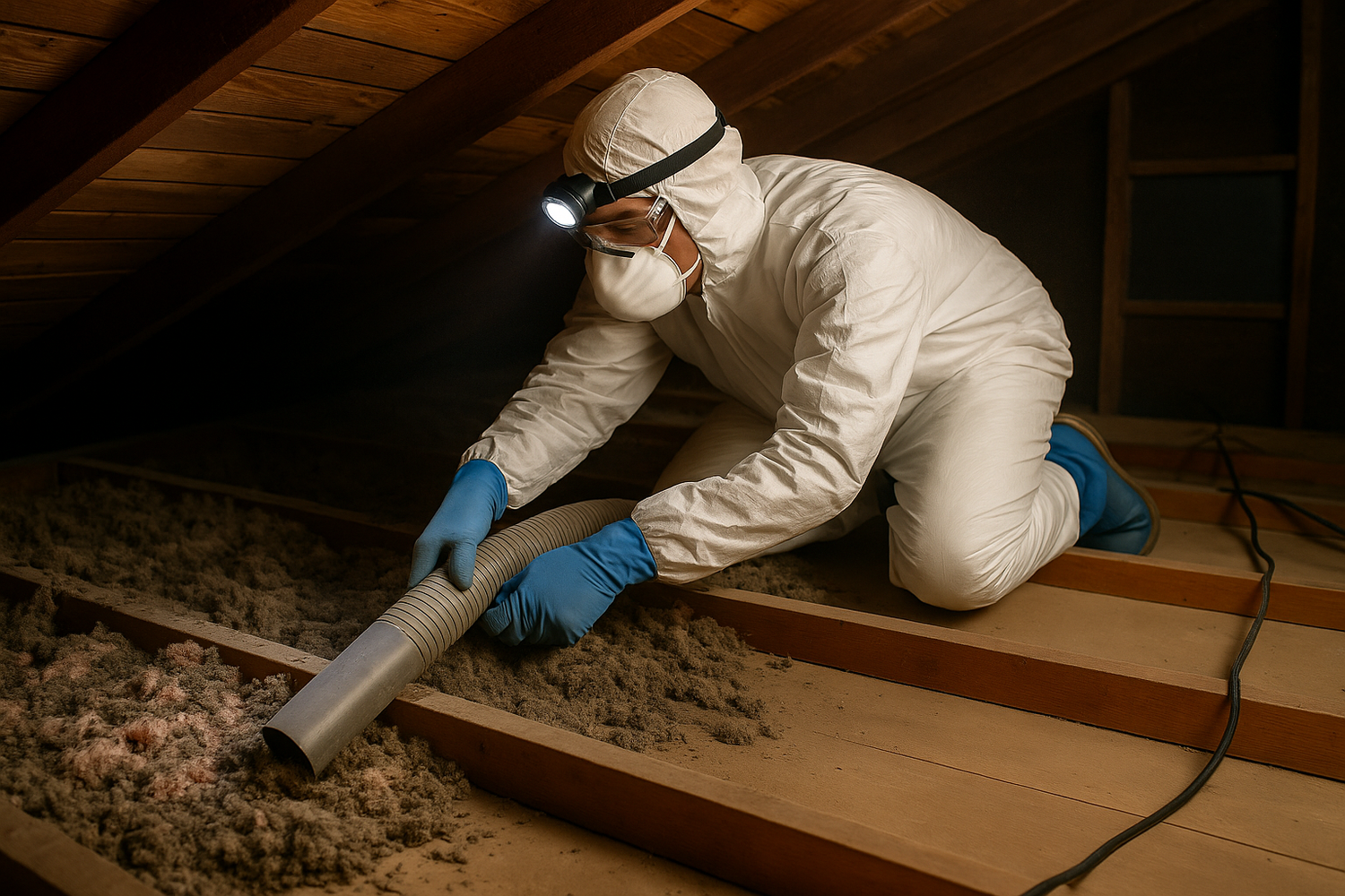 Industrial vacuum system extracting old attic insulation