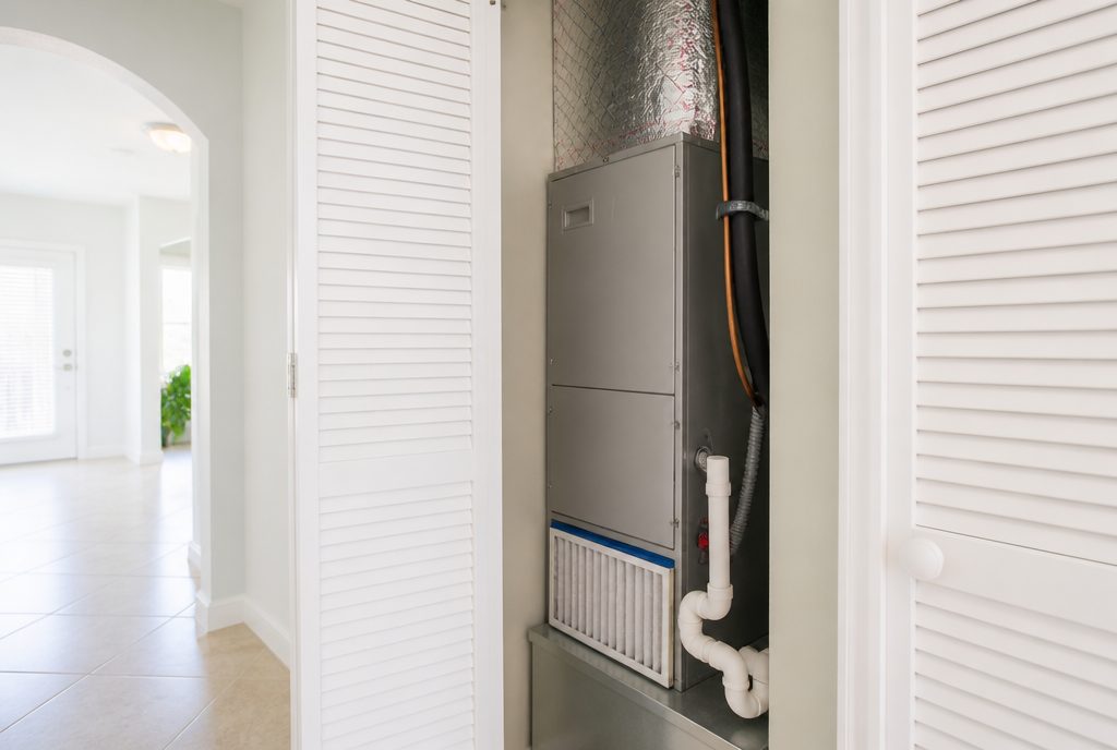 Clean professionally installed indoor air handler with a fresh filter and neat condensate line in a South Florida utility closet