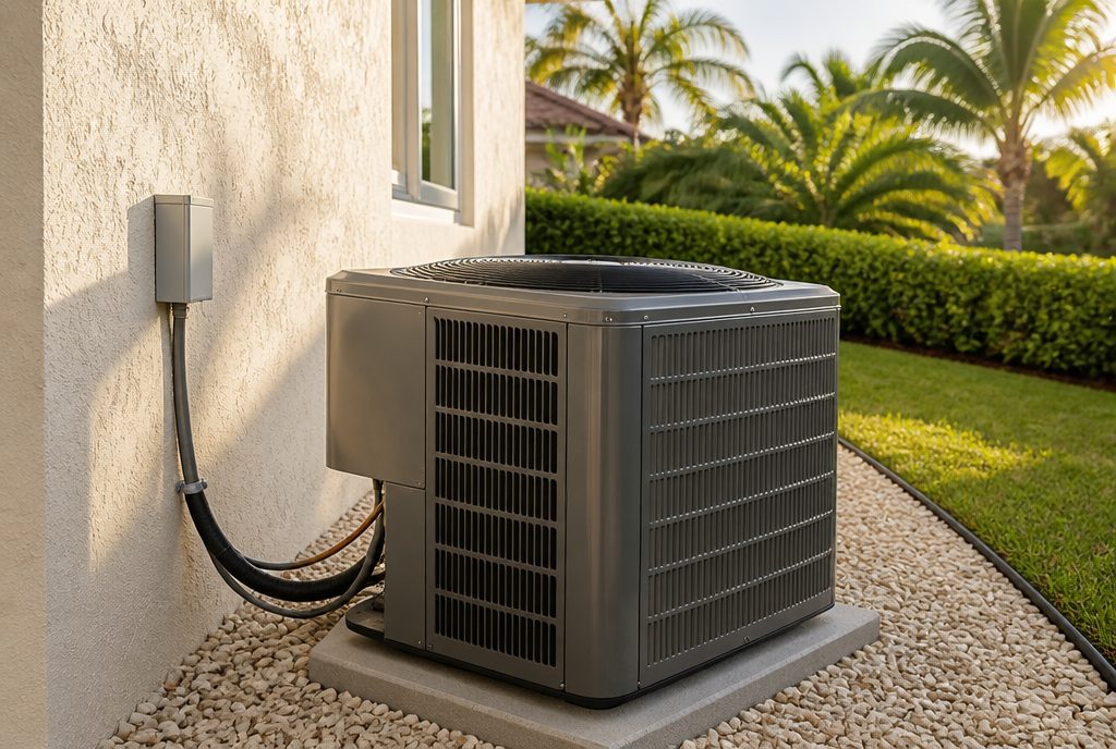 Outdoor air conditioning condenser unit on a concrete pad beside a single-story South Florida home in afternoon sun