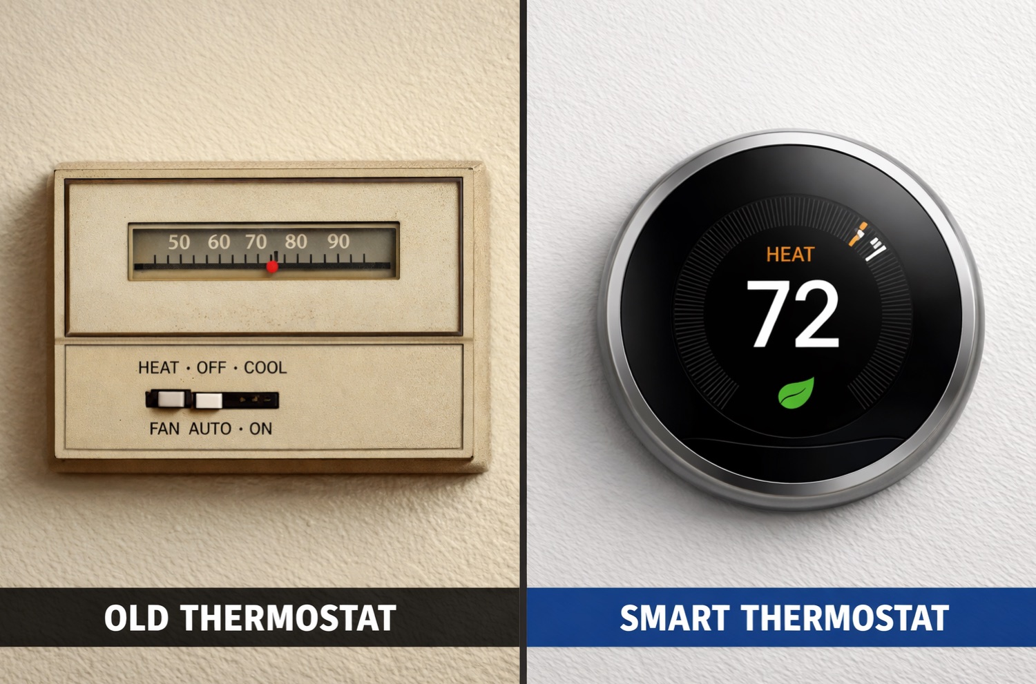 Old manual thermostat compared to modern smart Nest thermostat
