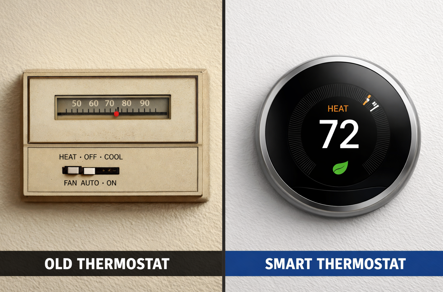 Old manual thermostat compared to modern smart Nest thermostat