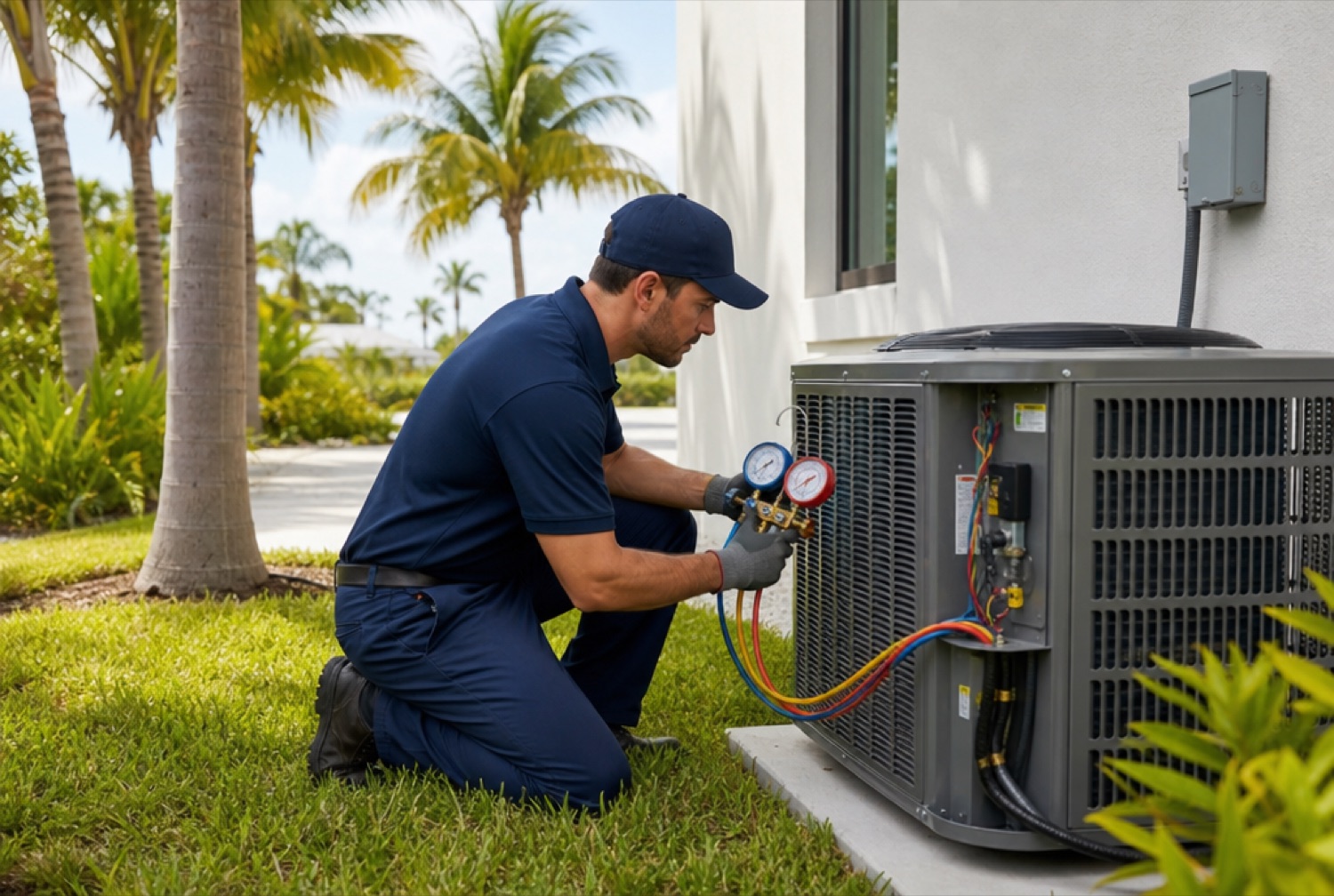 Licensed HVAC technician inspecting an outdoor condenser unit at a South Florida home