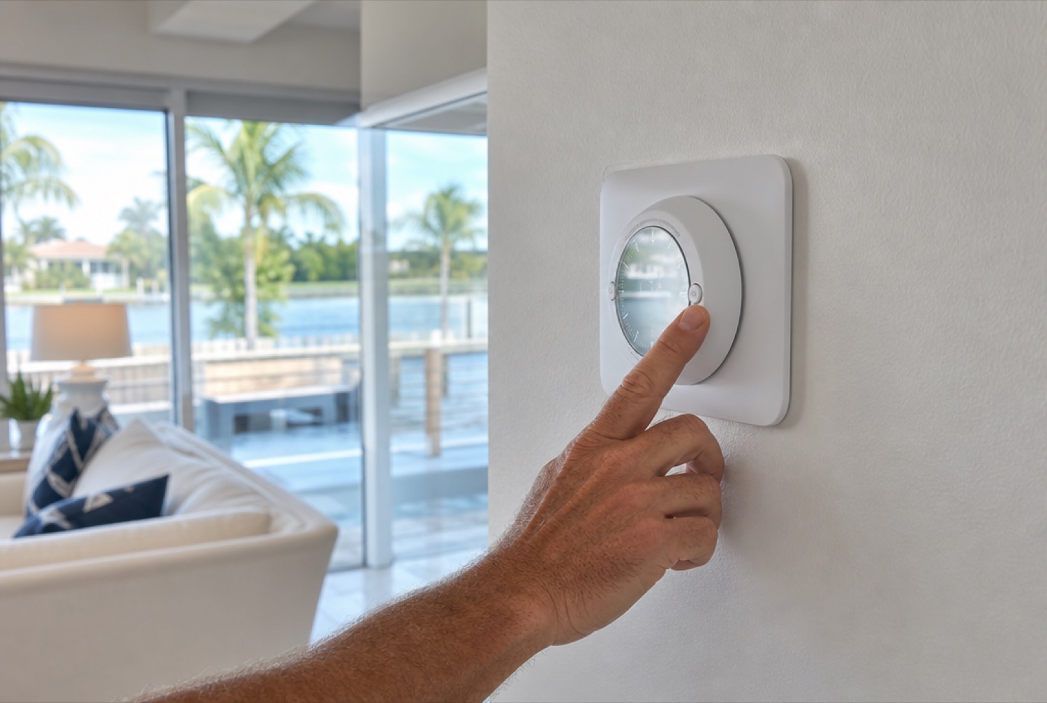 Homeowner setting a wall thermostat to COOL to fix an AC that runs but blows warm air